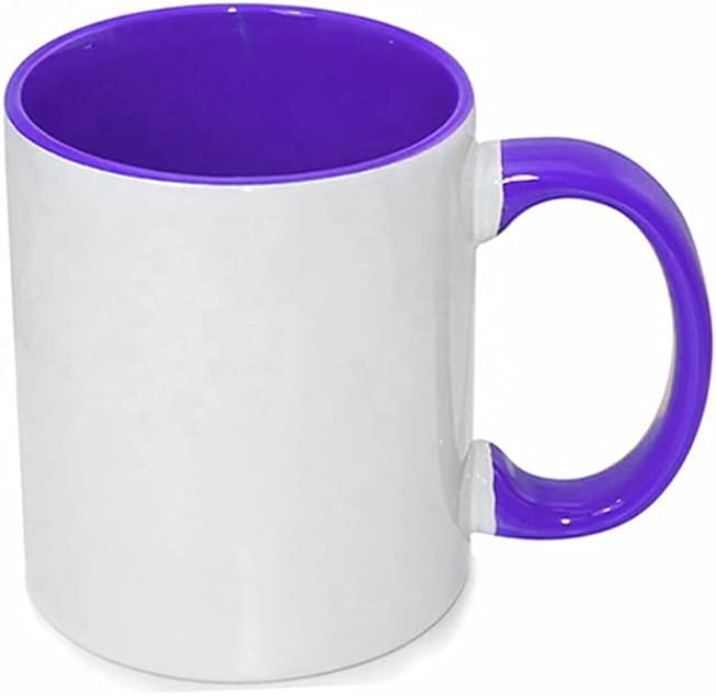 MR.R Tazas de café en blanco de sublimación de 11 onzas, taza blanca con taza de color morado interior y asa, juego de 6