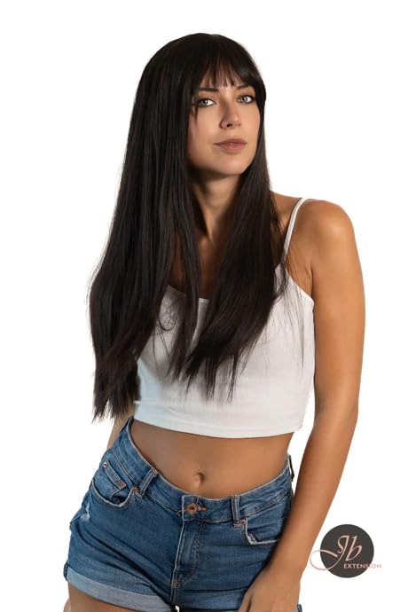 LUNA – Peluca larga y lacia de color negro natural con flequillo completo, para usar y llevar, sin pegamento, pelucas sintéticas naturales para uso