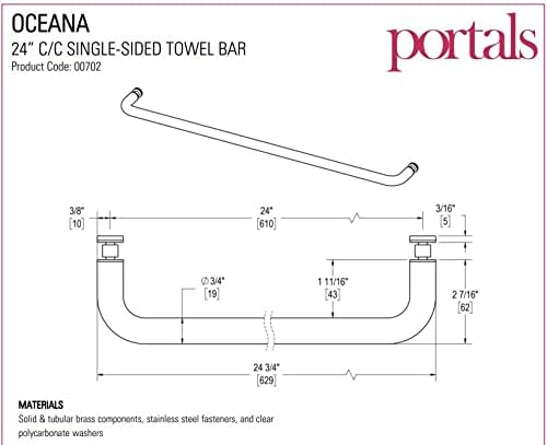 Portales Hardware Oceana – Toallero de Barra de 24.0 in cc de UNA Sola Cara, Cromo Pulido