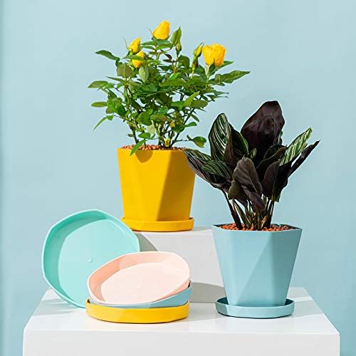 Sun-E – Macetas para plantas de interior de 7.66.55.1 pulgadas, juego de 3 macetas para exteriores con agujeros de drenaje y platillos, idea de