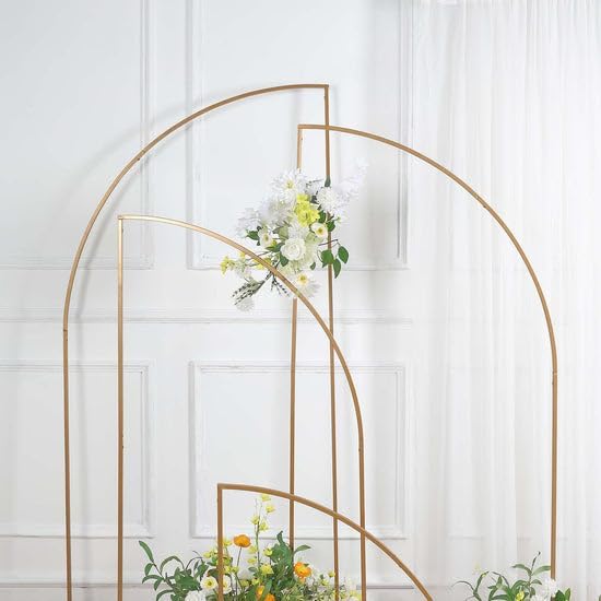 TABLECLOTHSFACTORY – Juego de 4 soportes de metal dorado para telón de fondo de arco de boda, marco floral de media luna, 2.5 pies, 5 pies, 6.5 pies