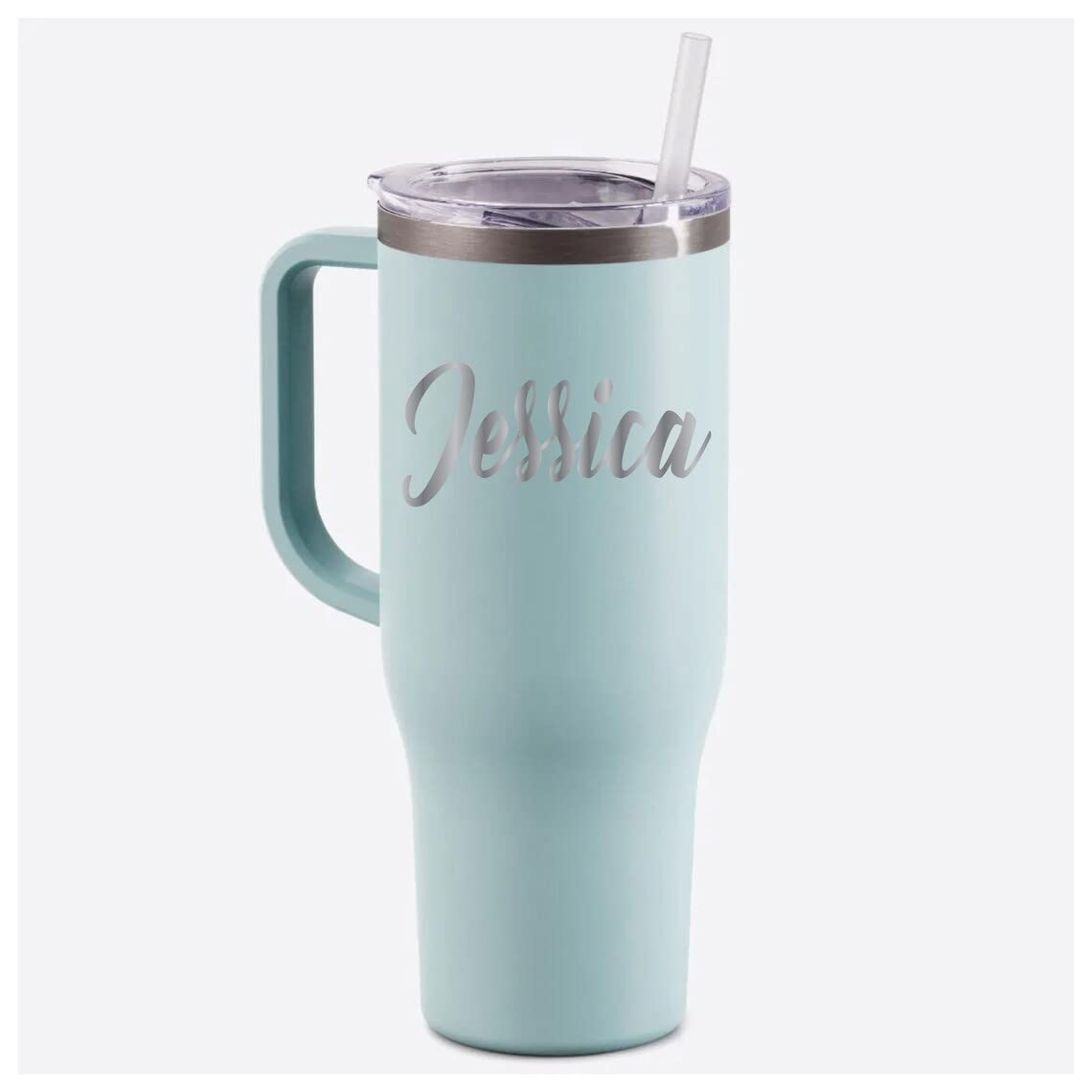 Personalized Tumbler with Handle, Travel Mug, 40oz Stainless Steel Tumbler, Teacher Travel Mug with Straw, Charger Tumbler (Seaglass Matte)