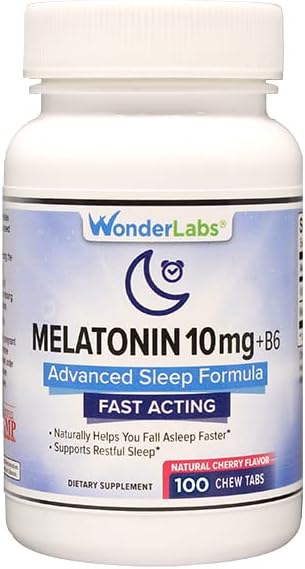 Melatonina masticable de 10 mg + disolución rápida B6 te ayuda a conciliar el sueño más rápido, a permanecer dormido más tiempo, 100 unidades