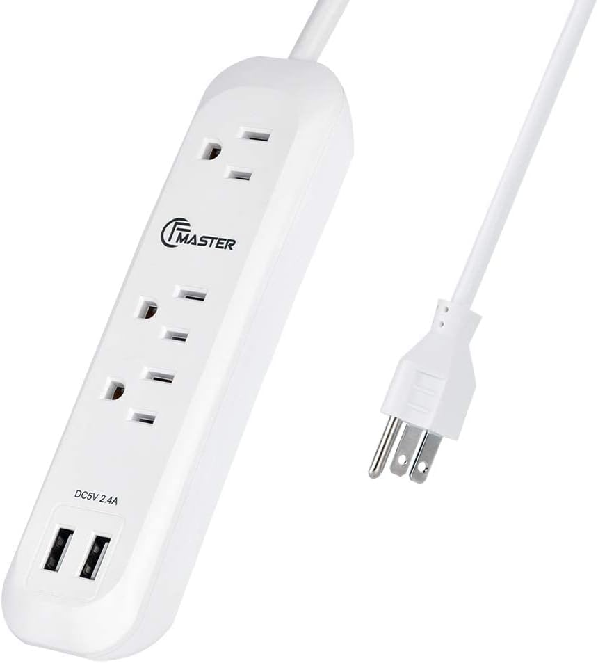 Tira de alimentación USB con protector de sobretensiones, cable de extensión largo de 6 pies, 3 tomas, 2 puertos USB (2.4A12W), protección contra