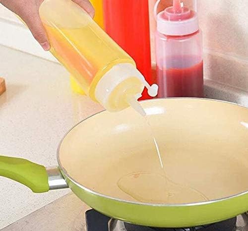 Bekith Paquete de 12 botellas de plástico de boca ancha de 16 onzas con tapas giratorias y medidas discretas, botella vacía para salsa, salsa de