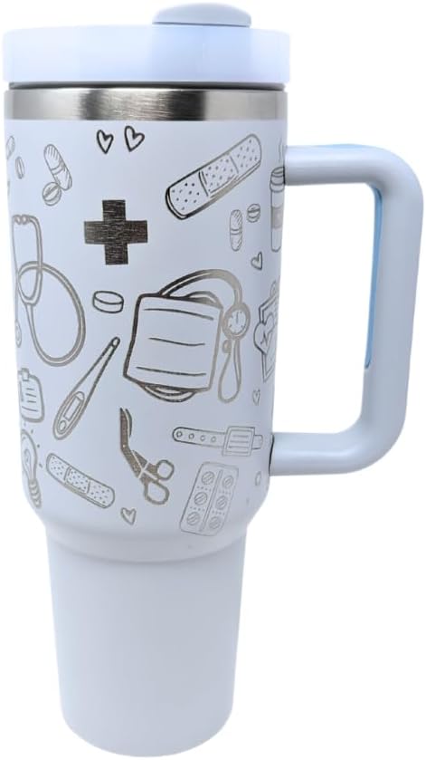 Vaso de acero inoxidable de doble pared de 40 onzas, con tapa y popote (niebla, cuidado de la salud)