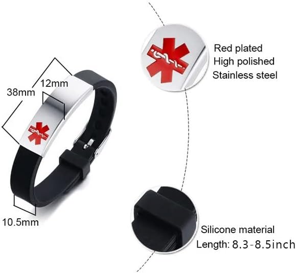 Pulsera de identificación médica grabada con láser, primeros auxilios de emergencia, ajustable, tipo 1acero sin satén, ajustable, pulsera de