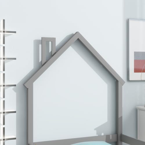 Base de cama individual para niños, cama Montessori de tamaño individual con cabecera y barandillas en forma de casa, camas de madera de tamaño