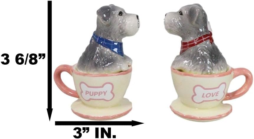 Ebros – Juego de salero y pimentero de cerámica gris Schnauzer en miniatura, juego de salero y pimentero, figuras de San Valentín, fiestas, cocina,