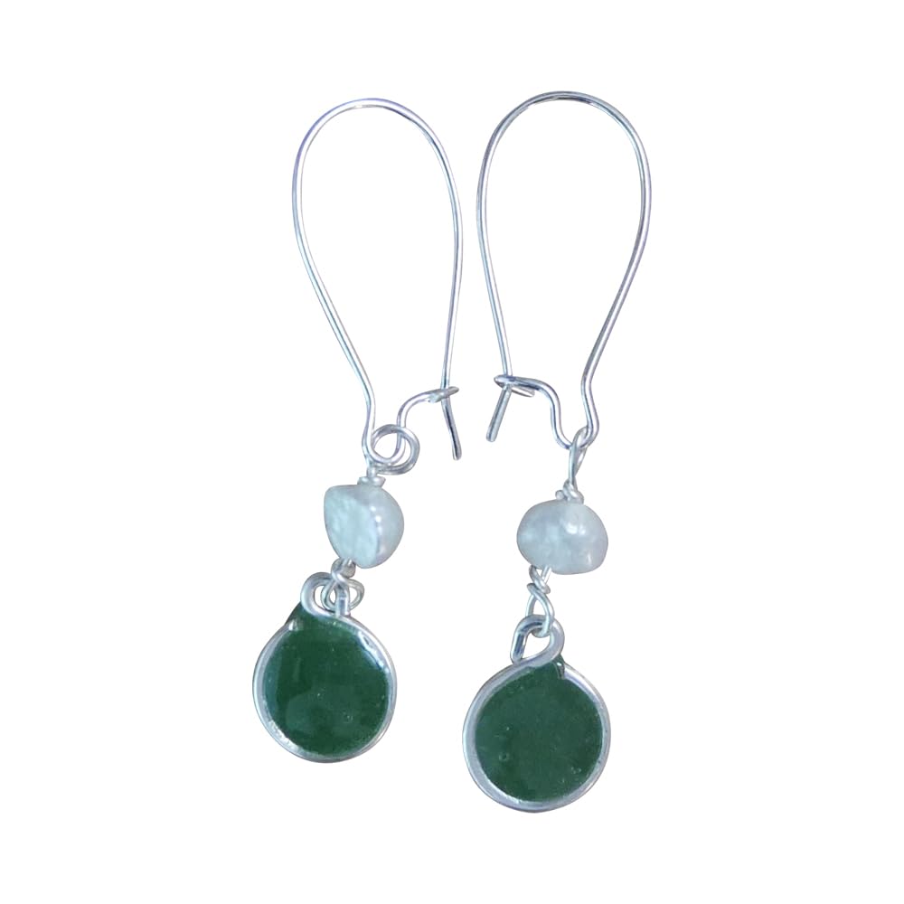Handmade Lightweight Silvertone Green Resin and Pearl Earrings on Kidney Wire