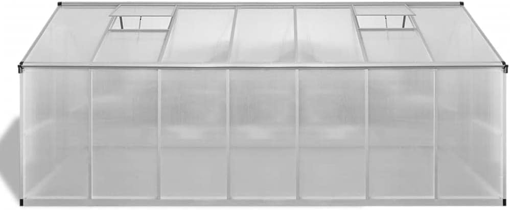 vidaXL Amplio invernadero – 113.3 pies cuadrados – Paneles de aluminio reforzado y policarbonato resistente a los rayos UV con sistema de canalón y