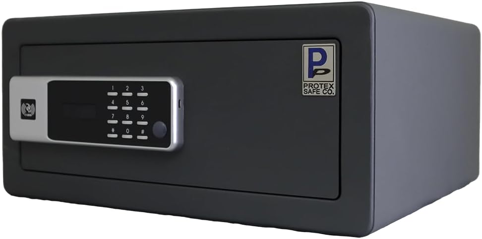 Protex H4-2043ZH-BLACK – Caja fuerte personal con apertura de 3 vías Llave de emergencia, funciona con tarjeta, teclado digital. Luz interior LED,