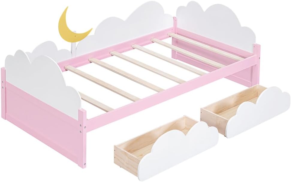Anwick Marco de cama individual de madera para niños, marco de cama de plataforma individual con cabecero y cajones de almacenamiento, cama
