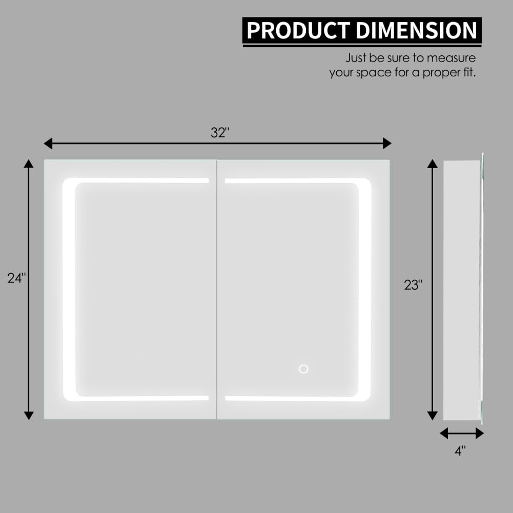 Movo Botiquín iluminado con espejo para baño, 24 x 32 pulgadas de montaje en superficie con espejo y luz LED, gabinete de baño con puertas dobles
