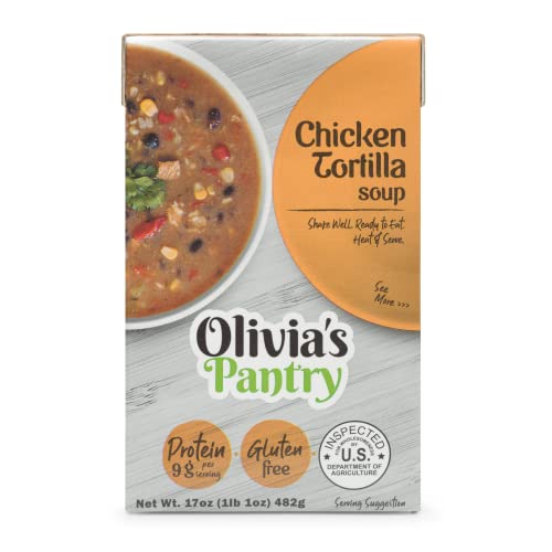 Olivia’s Pantry – Sopa de tortilla de pollo con base de tomate picante – Listo para comer  Agite bien y caliente y sirva  150 Cal por porción, buena