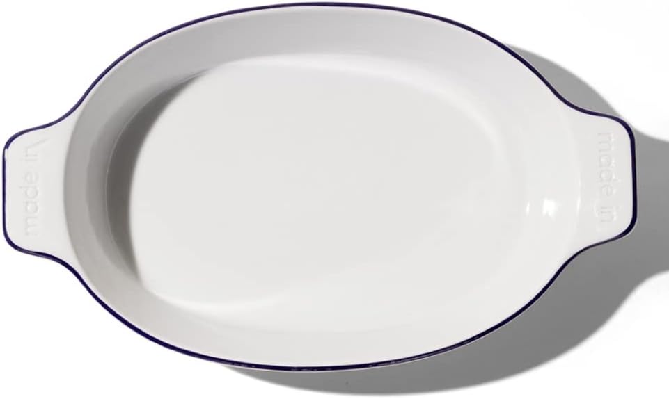 Made In Utensilios de cocina – Plato ovalado para hornear – Borde azul marino – Porcelana hecha a mano – Utensilios para hornear profesionales –