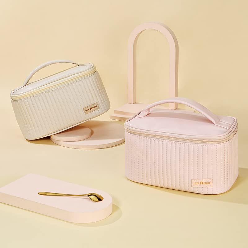 kamumanni Bolsa de maquillaje de viaje, estuche de cosméticos con soporte para brochas de maquillaje, organizador portátil de piel sintética para