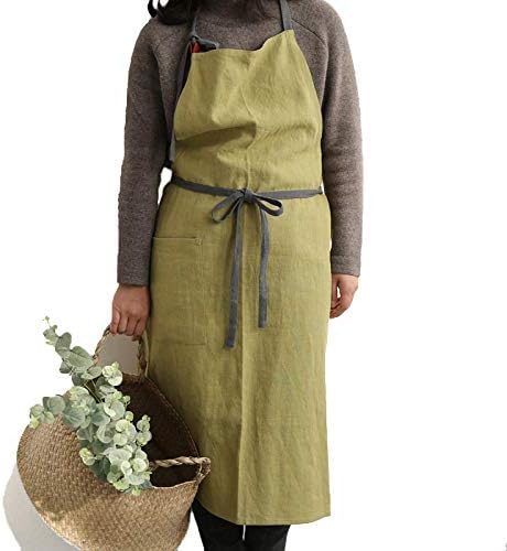 Delantal de cocina de lino con bolsillo grande, 9 colores