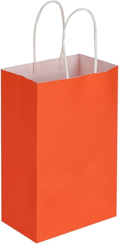 Cada paquete de 100 bolsas pequeñas de papel kraft naranja y morado con asas a granel