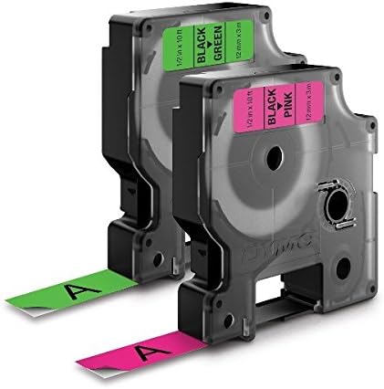 DYMO 12″ (12 mm) verde y rosa neón paquete de 2 cintas de etiquetas D1 para etiquetadora electrónica Dymo 3500