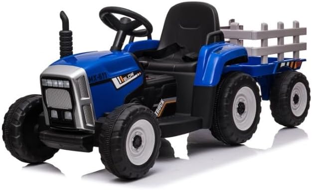 Tractor de paseo para niños con remolque, 12 V, divertidas luces LED, audio USB, música, cambio de 3 velocidades y cinturón de seguridad, perfecto