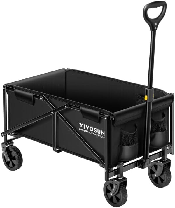 VIVOSUN Carro plegable plegable, utilidad al aire libre con ruedas todo terreno, mango ajustable, portavasos y bolsillos laterales, para campamento,