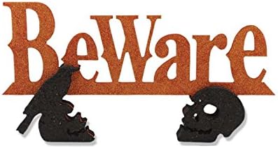 Bethany Lowe Naranja y Negro Glitter Halloween Beware Hanging Sign
