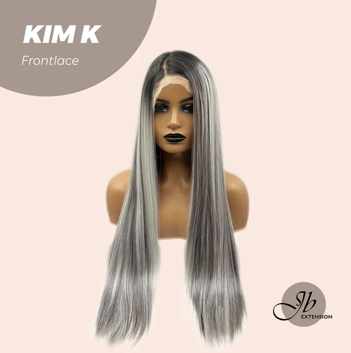 KIM K – Peluca de encaje frontal extra larga, recta, color gris oscuro con reflejos para mujer, pelucas sintéticas naturales para uso diario