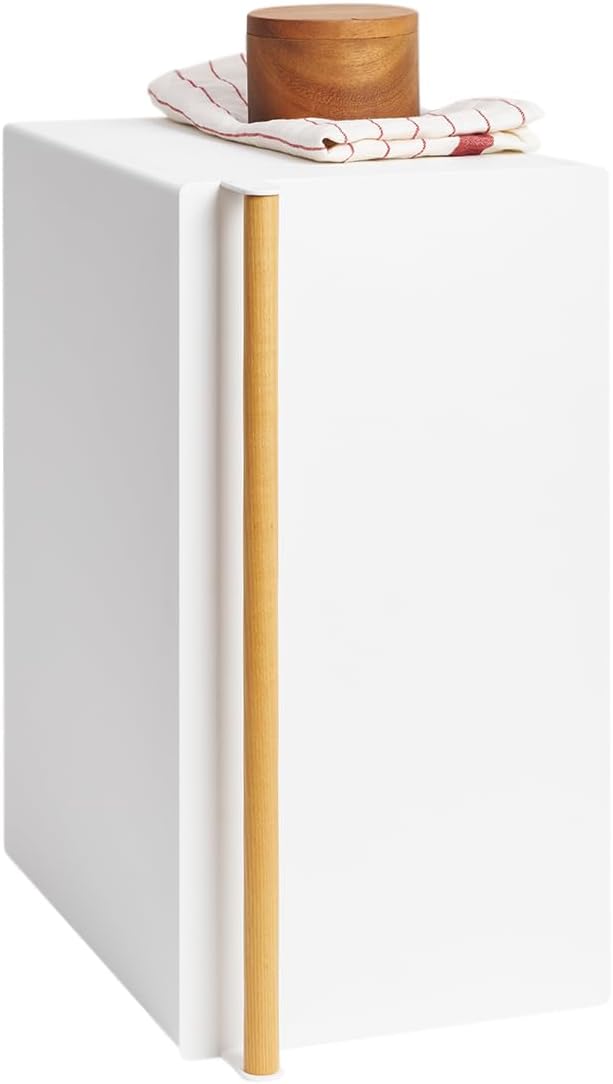 YAMAZAKI Home Tosca – Recipiente para pan de metal, ahorro de almacenamiento delgado para mostrador, vertical, acero + madera, blanco