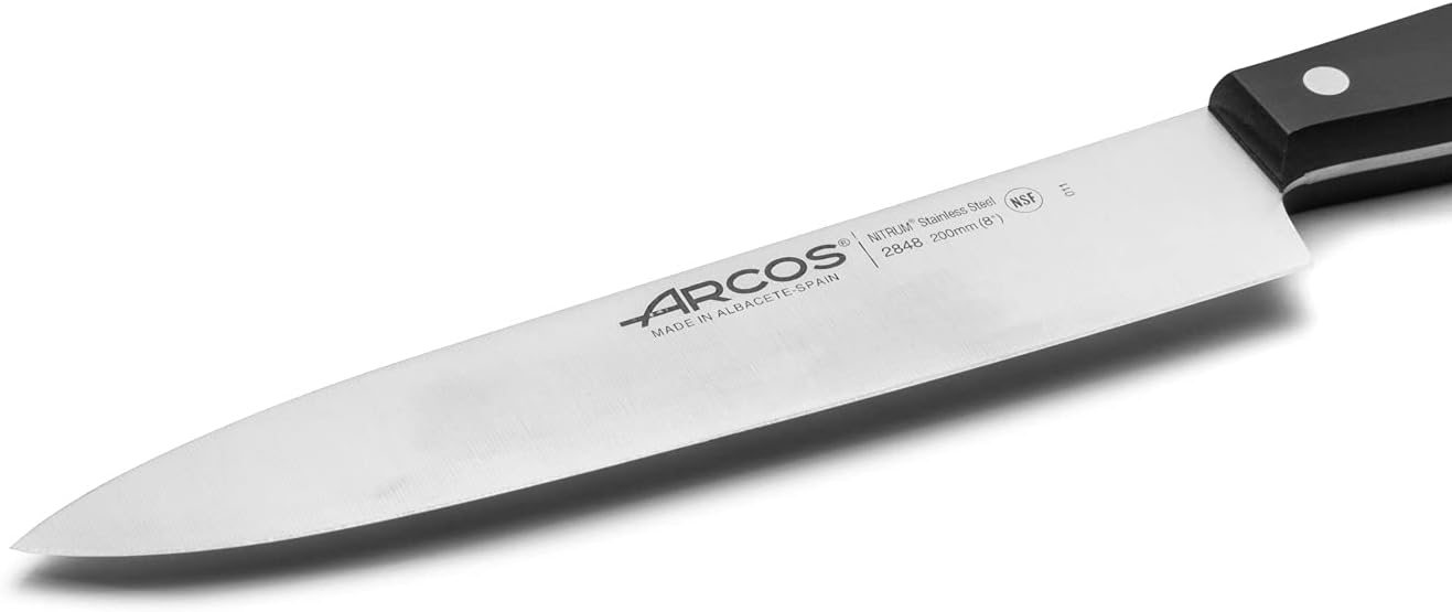Arcos Cuchillo de chef de acero inoxidable de 8 pulgadas. Cuchillo de cocina para cortar y pelar alimentos pequeños. Mango ergonómico de