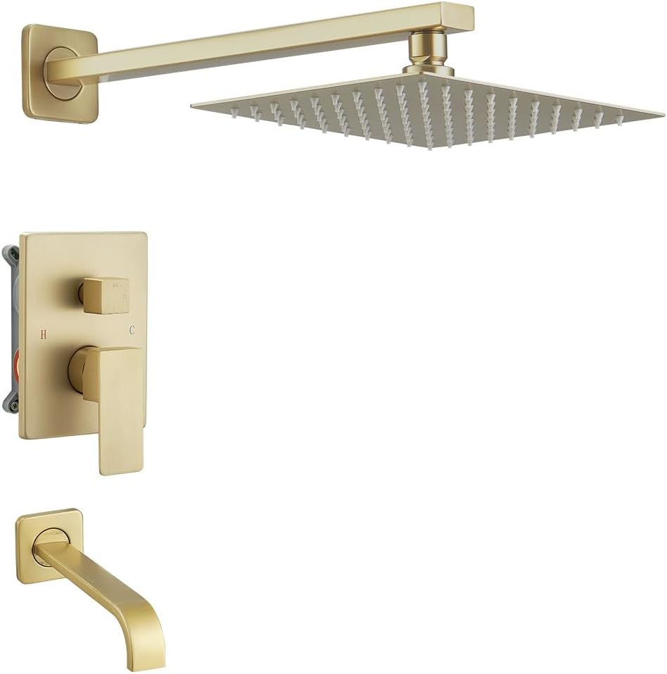 Juego de grifo de ducha dorado cepillado con boquilla de bañera, mezclador de lluvia de lujo, sistema de cabezal de ducha montado en la pared, kit