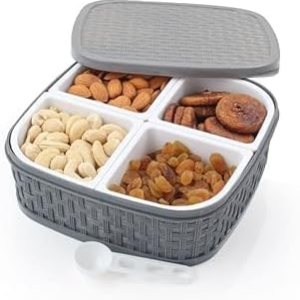 Juego de caja de plástico cuadrado de 4 secciones multiusos para frutas secas, juego de caja de frutas secas – gris (caja de frutas secas – 4 en 1) Juego de caja de plástico cuadrado de 4 secciones multiusos para frutas secas, juego de caja de frutas secas – gris (caja de frutas secas – 4 en 1)