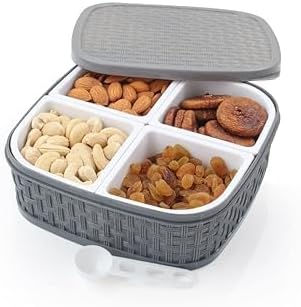Juego de caja de plástico cuadrado de 4 secciones multiusos para frutas secas, juego de caja de frutas secas – gris (caja de frutas secas – 4 en 1)