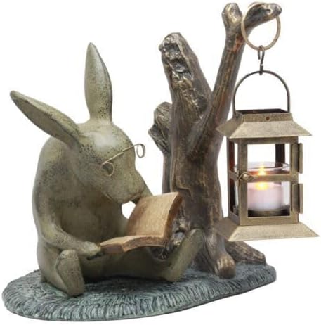 Ebros Gift Verdi – Libro de lectura de conejo caprichoso de aluminio verde de medianoche, estatua de linterna de vela de 10 pulgadas de alto,