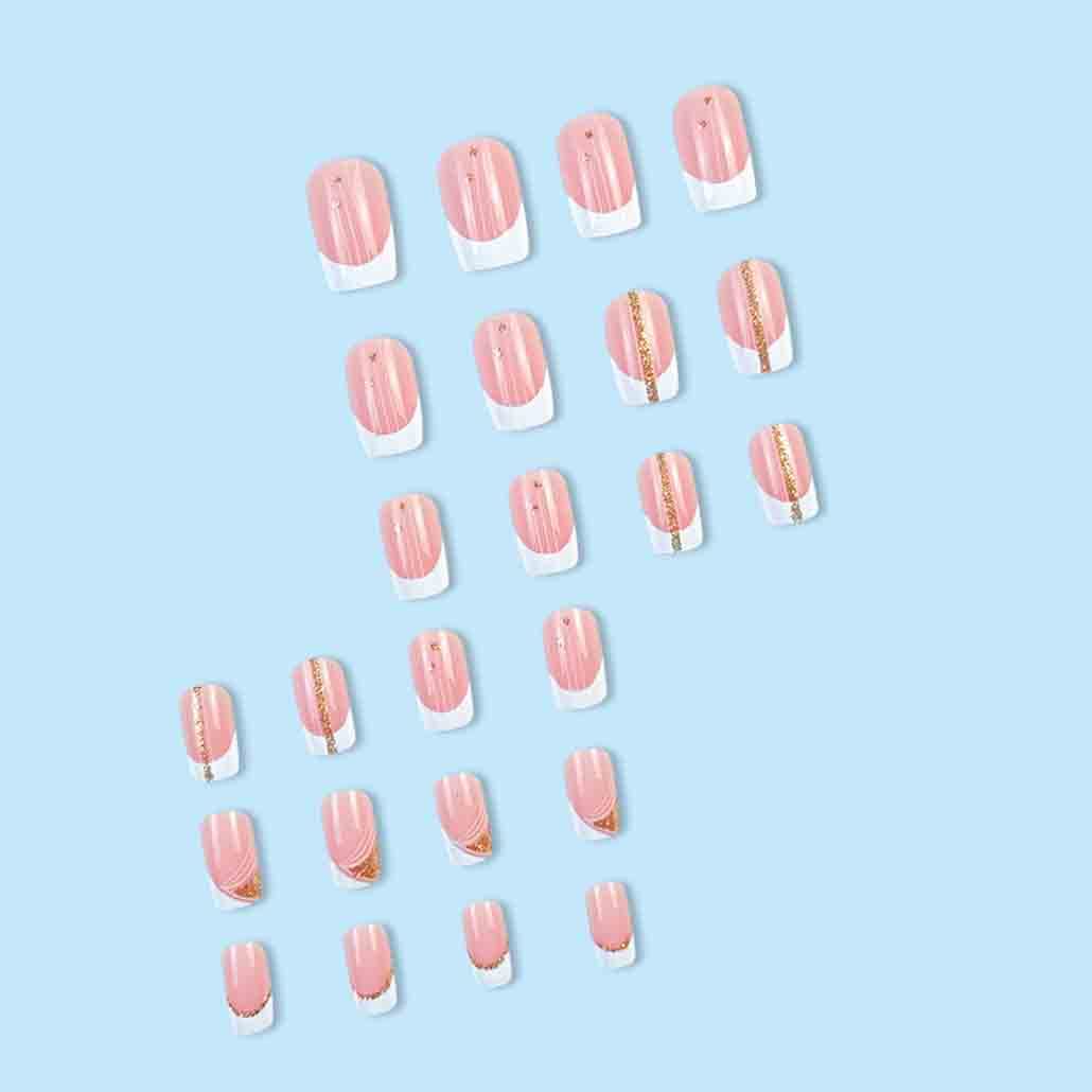 Foccna Uñas blancas a presión medianas, uñas postizas de color rosa, uñas postizas cuadradas acrílicas con brillantes, uñas artificiales francesas