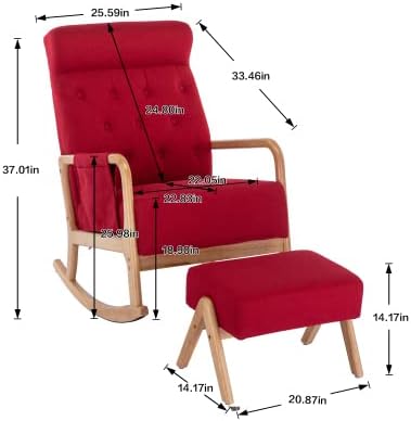 Mecedora con otomana, sillón mecedor de tela tapizada de mediados de siglo con cojín acolchado grueso, respaldo alto, silla mecedora con bolsillo