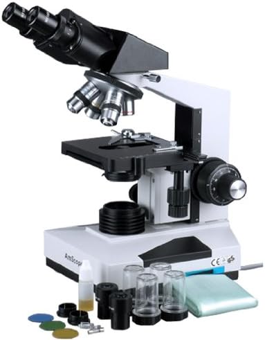 AmScope Microscopio binocular compuesto B490B-LED, oculares WF10x y WF20x, aumento 40X-2000X, Brightfield, iluminación LED, condensador Abbe, etapa