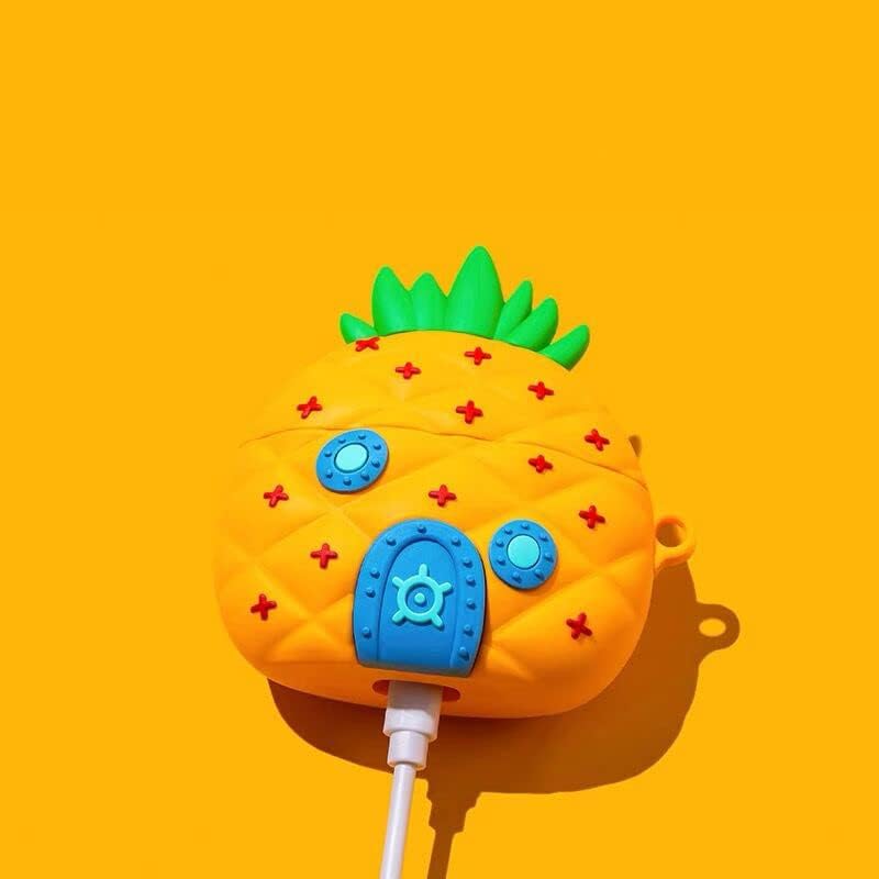 Funda de silicona ultra gruesa y suave con gancho para llavero para Apple AirPods 1, 2, 1 generación, piña de casa, fruta amarilla, dibujos animados