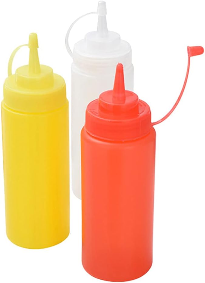 Botellas de plástico de 3 colores para salsa exprimible con tapas de boquilla, dispensadores de botellas de condimentos reutilizables para mostaza,