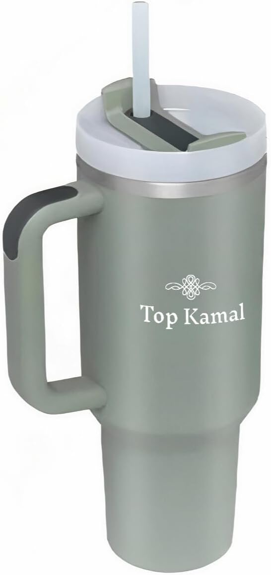 Quencher – Vaso de acero inoxidable de 40 onzas con aislamiento al vacío con tapa y popote para agua, helado, té, café y viaje, mantiene el frío