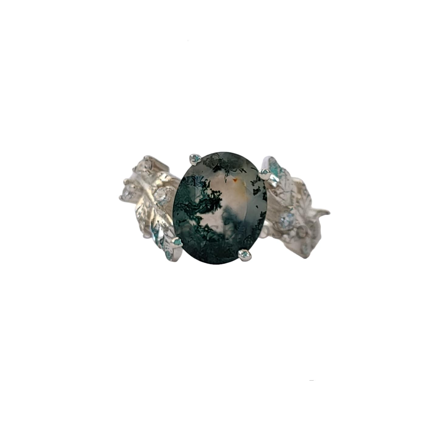 Natural Moss Agate Ring Oval Cut Leaf Ring Engagement Ring Moss Agate Jewelry 925 Sterling Silver Nature Inspired Ring (Black, 3)