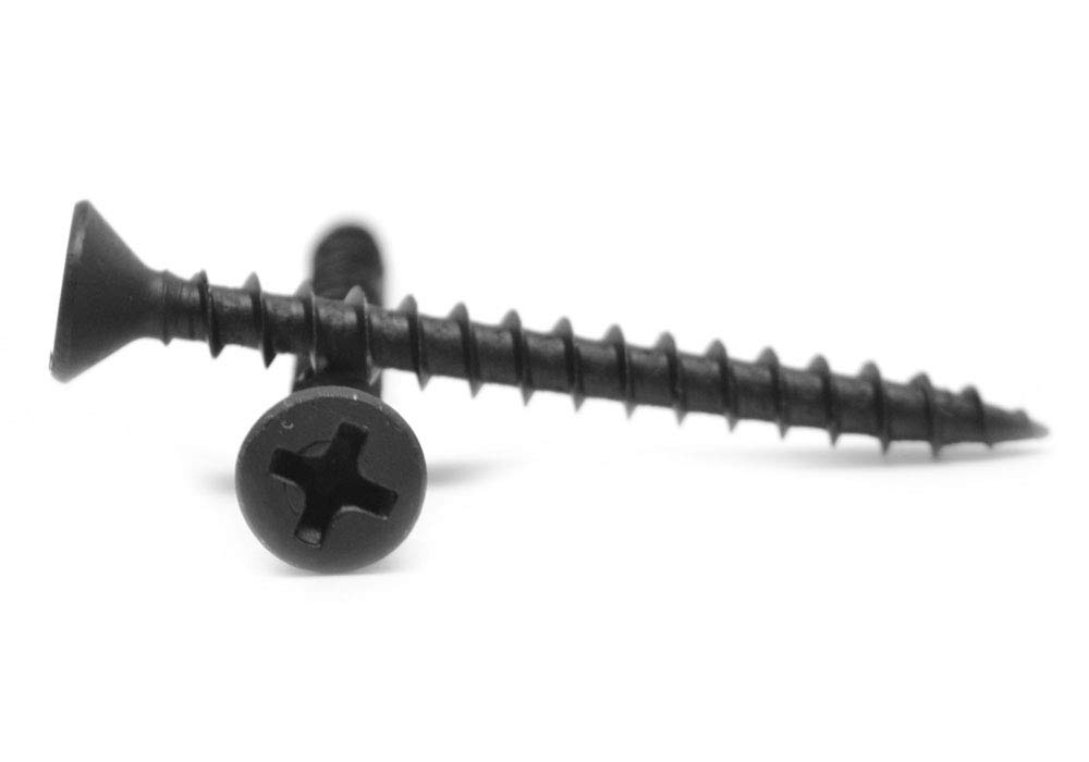 #8 x 1″ Tornillo para tablero de partículas Phillips cabeza plana endurecido acero al carbono medio fosfato negro Pk 100