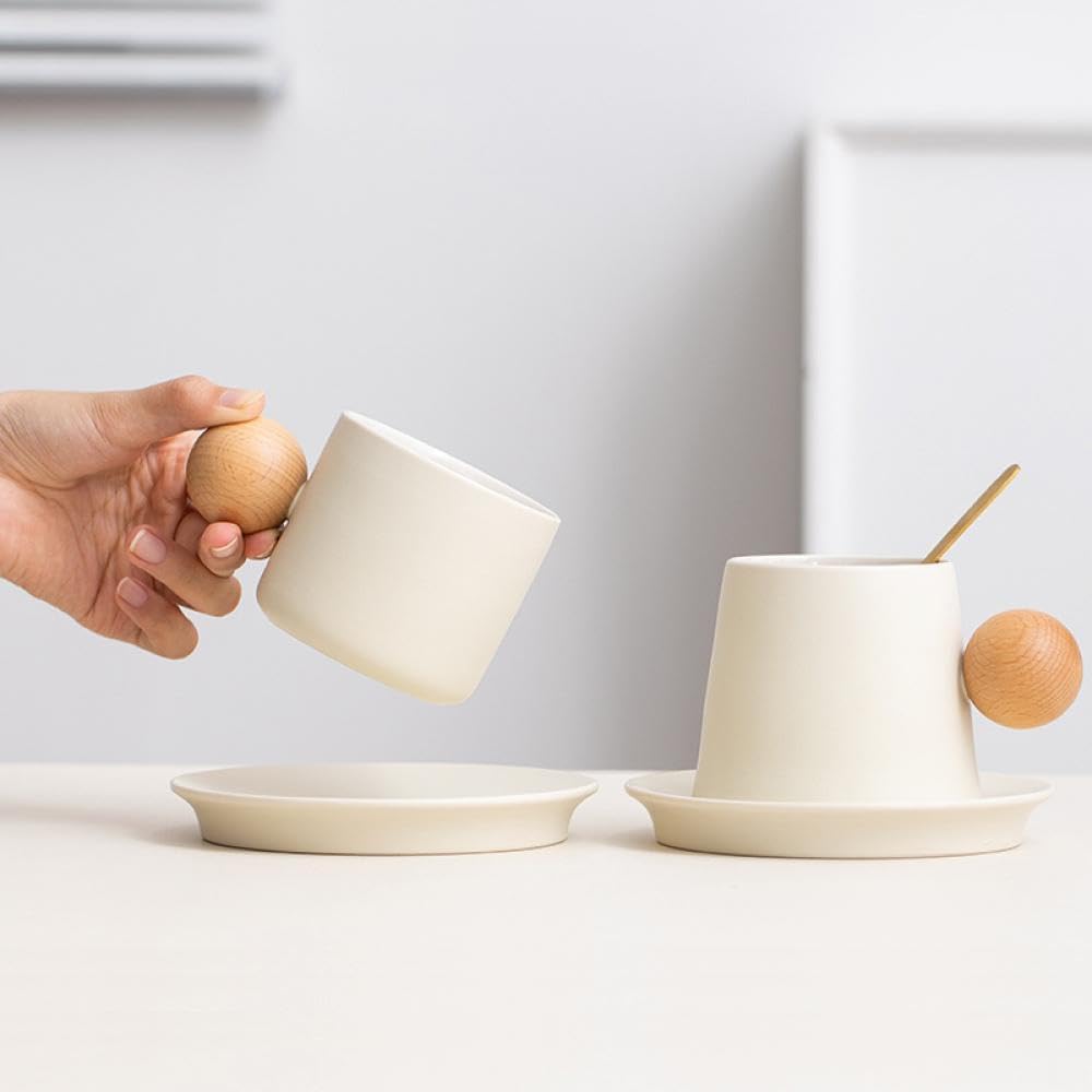 Sizikato Juego de taza y platillo de porcelana con mango de bola de madera, taza de café de 7 onzas