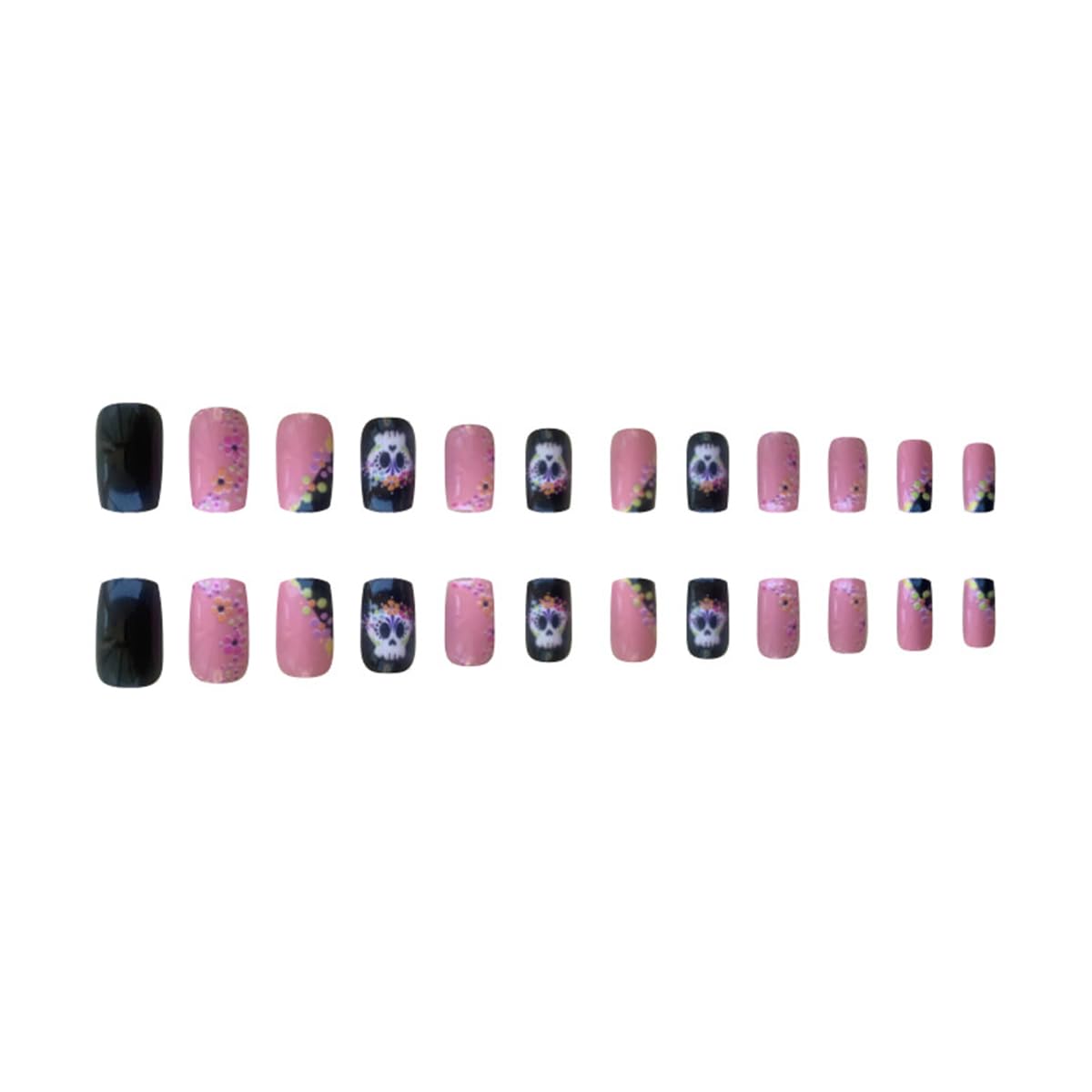 Uñas postizas a presión de Halloween, cuadradas, medianas, color rosa, negro, gótico, calavera, flores, diseños de flores, uñas postizas acrílicas