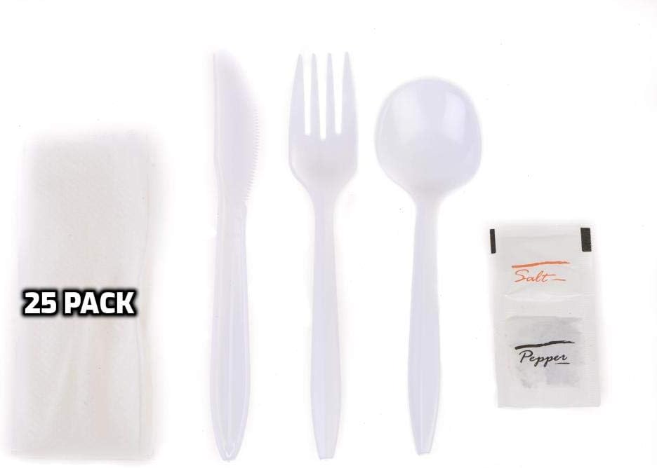 EcoQuality Kit de cubiertos envueltos 6 en 1  TenedorCucharaCuchilloServilletaSalPimienta  Kit de cubiertos desechables, perfecto para el almuerzo,