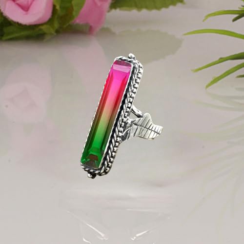Watermelon Tourmaline Gemstone Ring 925 Sterling Silver Multicolor Stone Ring Handmade Long Rectangle Bar Ring For Women Elegant Tourmaline Jewelry