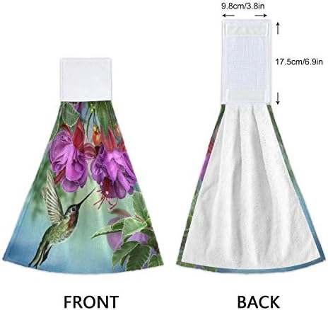 Toallas de mano de colibrí con flores para cocina, toalla absorbente de color morado fucsia para colgar con lazo, juego de 2 piezas de ropa de
