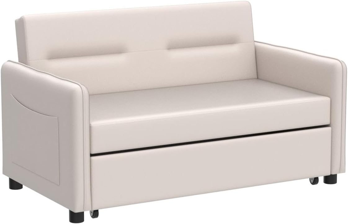 P PURLOVE Sofá biplaza convertible moderno de 57 pulgadas, respaldo ajustable, sofá de 2 plazas con cama extraíble con bolsillo lateral, 2 almohadas