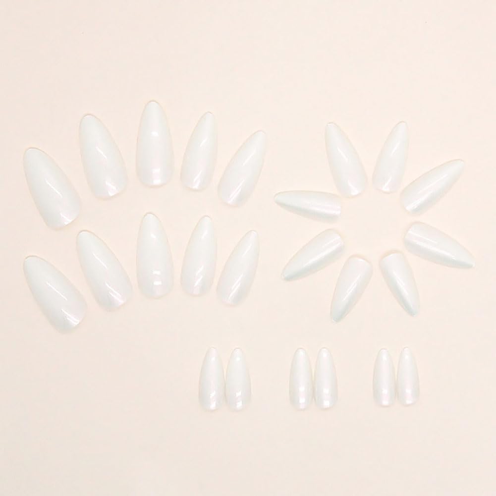 24 uñas postizas medianas a presión de almendra, uñas postizas cromadas blancas perla brillante, uñas postizas de cobertura completa, uñas acrílicas