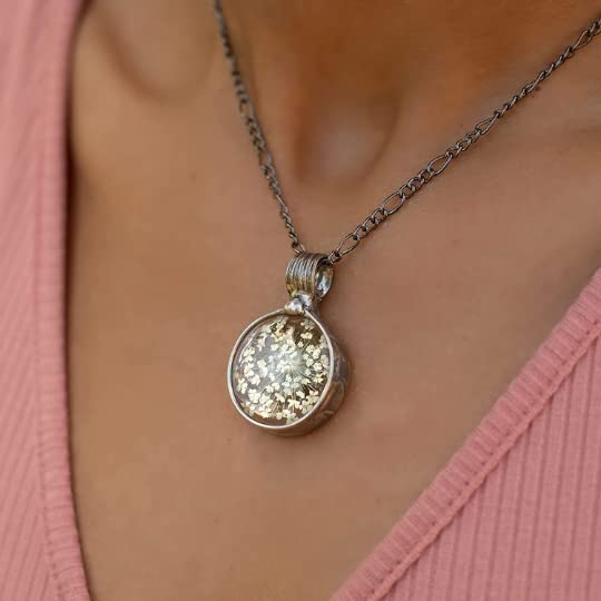 White Wildflower Necklace for Women Real Pressed Flower Queen Anne’s Lace Glass Pendant Birthday 13th Wedding Anniversary Gift Artisan Crafted by